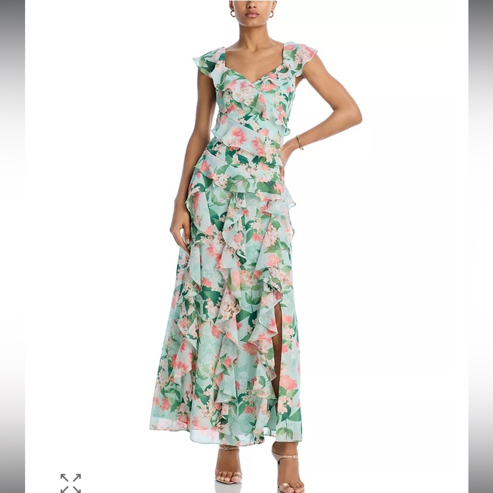 Floral Ruffle Maxi Dress in Mint and Pink
